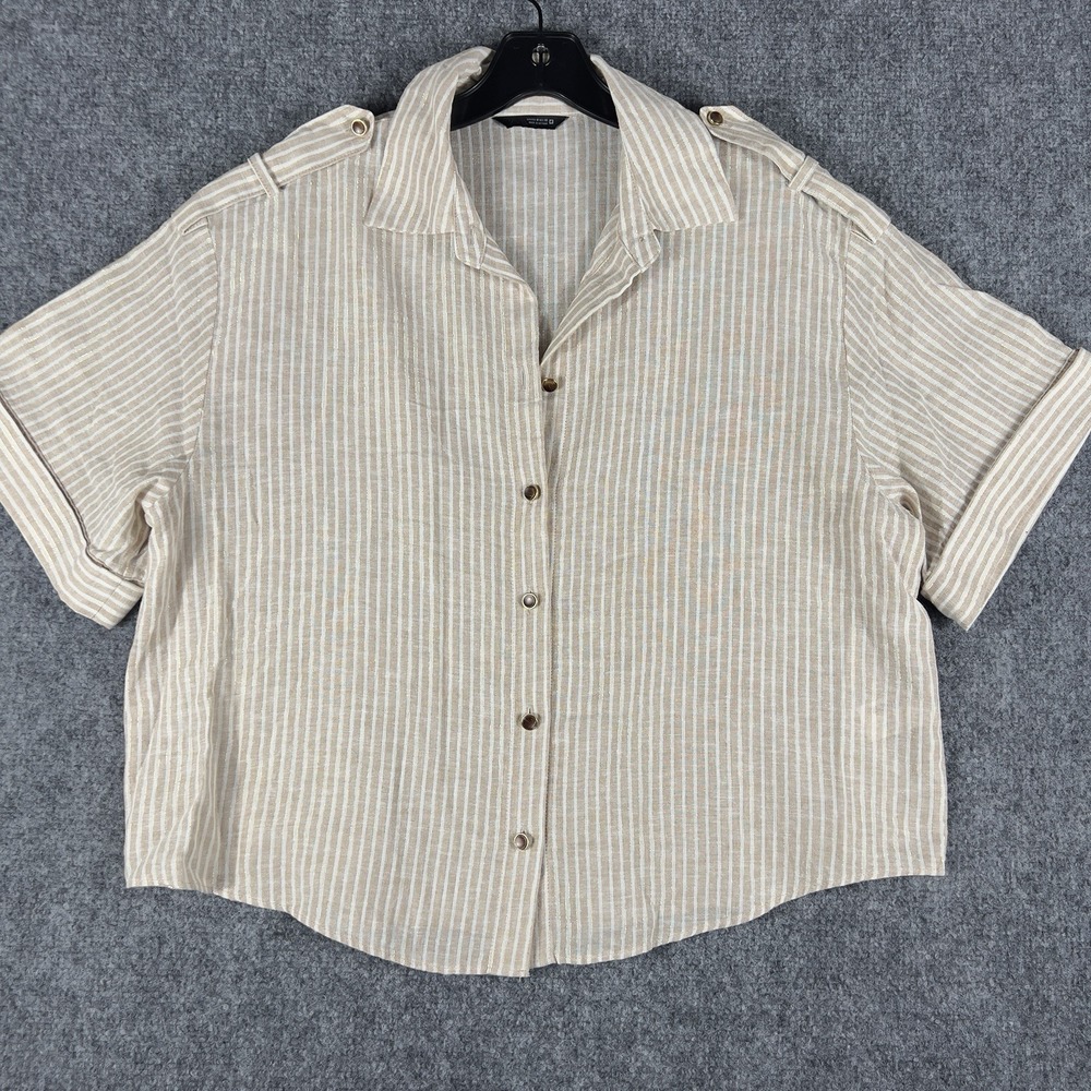 Zara Beige White Stripe‎ Button Front Shirt Short Sleeve Linen Blend Casual